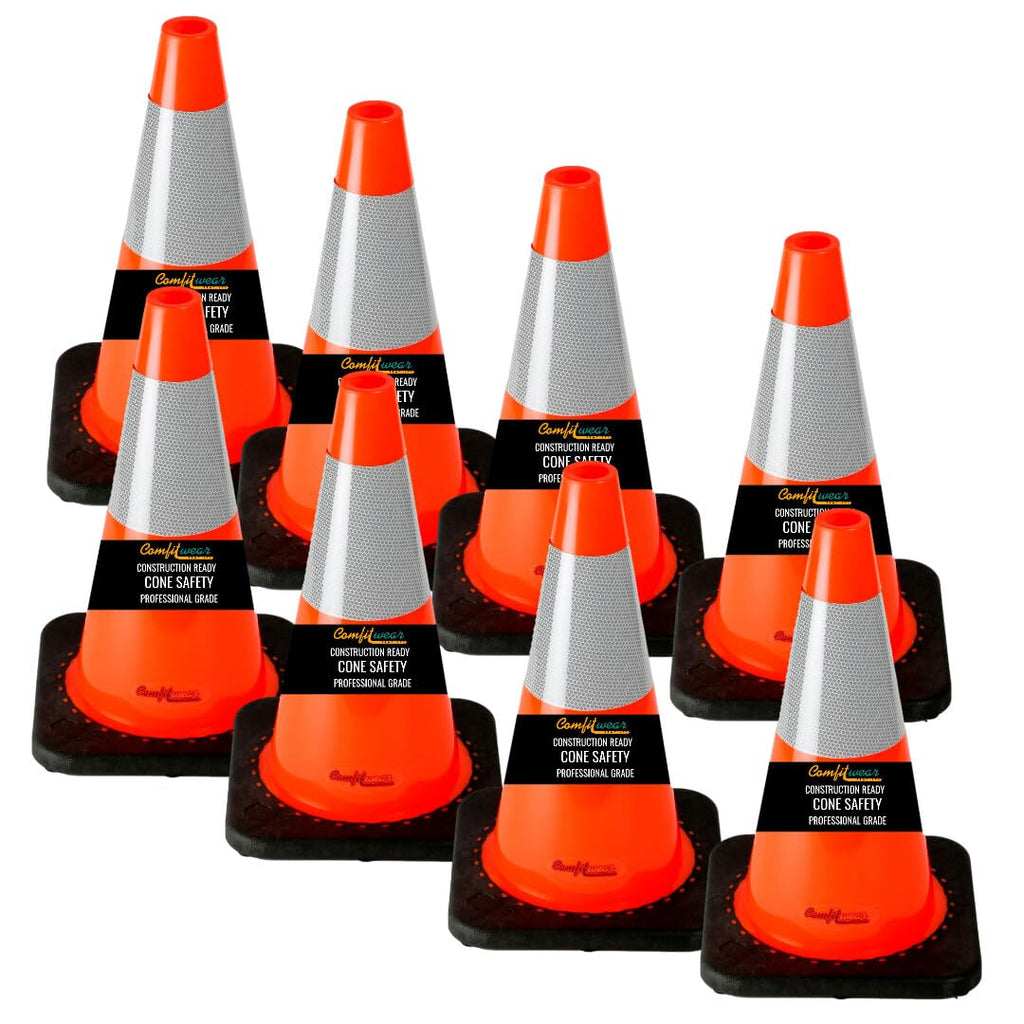 Comfitwear 18" Orange Traffic Cones 6" 3M Reflective Collars Construction Safety Playgrounds Street Safety (8, 18" - 6" Reflector)